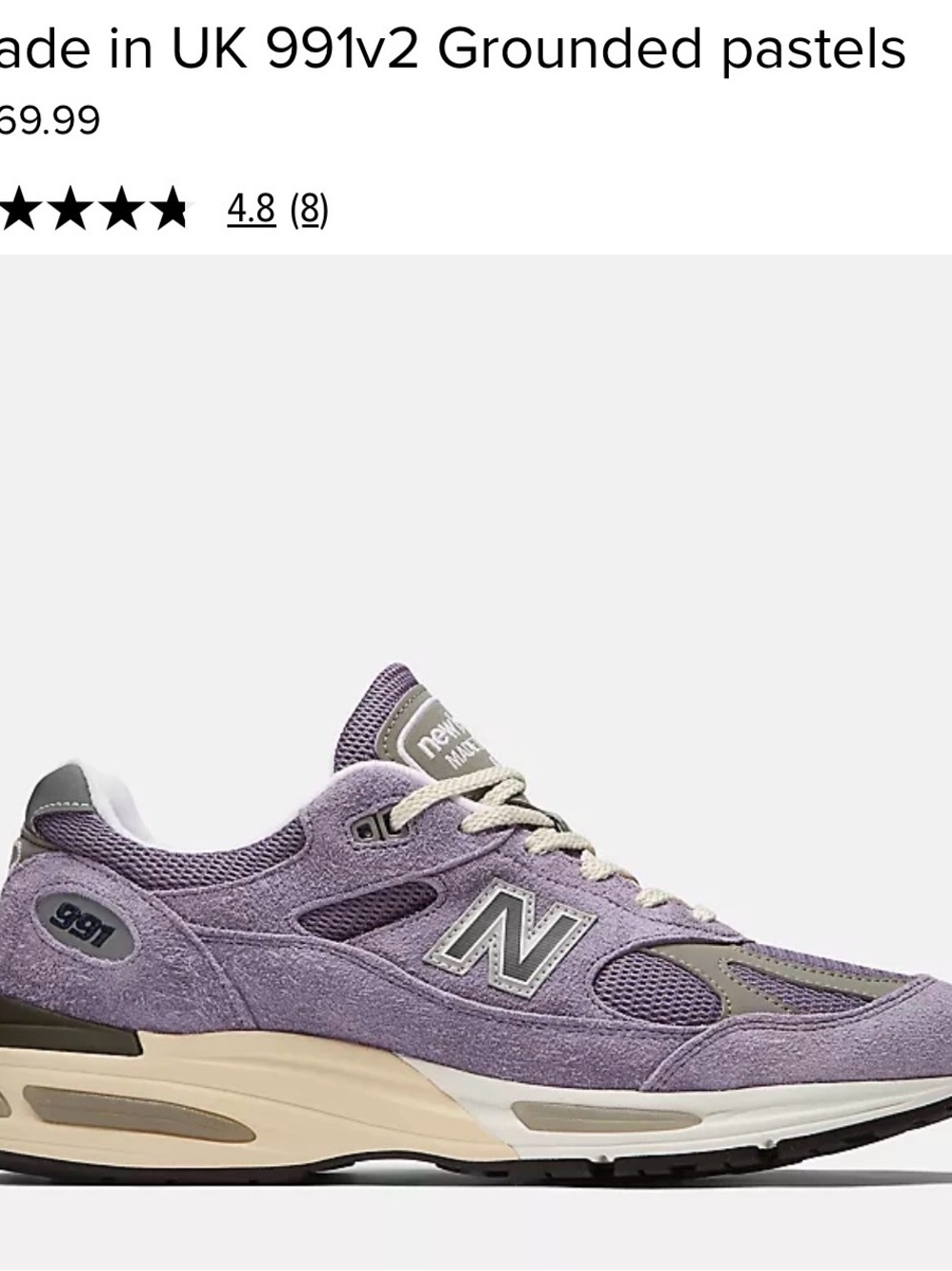 New Balance lavender and cream suede 991v2 sneaker